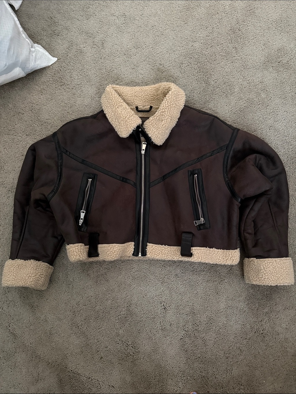 Zara Brown Cropped Faux Shearling Aviator Jacket with Cream Trim